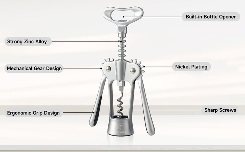 Starshining Wine Opener,Heavy-Duty Zinc Alloy Wing Corkscrew Wine Bottle Opener with Sharp Spiral Screw,Round Handles,Matte Silver - Image 3